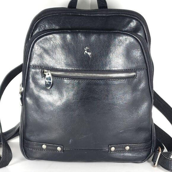 Ashwood Black Glazed Leather Medium Multi Compartments Purse Handbag Backpack - Picture 2 of 16